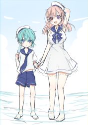 Rule 34 | 1boy, 1girl, age difference, barefoot, blue eyes, blue hair, blush, child, dress, flat color, hat, holding hands, necktie, nei (os), open mouth, original, os (os fresa), partially submerged, pink hair, purple eyes, red eyes, sailor collar, sailor hat, shorts, sketch, souta (os), water