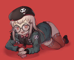 Rule 34 | 1girl, beret, echu, fang, full body, girls&#039; frontline, glasses, green jacket, hair ornament, hairclip, hat, jacket, light brown hair, long hair, open clothes, open jacket, red eyes, round eyewear, simple background, solo, type 80 (girls&#039; frontline)