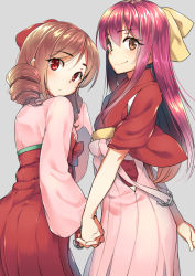 Rule 34 | 10s, 2girls, alternate eye color, anchor, b-ginga, bow, brown eyes, brown hair, drill hair, gradient hair, grey background, hair between eyes, hair bow, hakama, hakama skirt, hand grab, holding hands, harukaze (kancolle), height difference, interlocked fingers, japanese clothes, kamikaze (kancolle), kantai collection, kimono, long hair, long sleeves, looking at viewer, looking back, meiji schoolgirl uniform, multicolored hair, multiple girls, pink hair, pink hakama, pink kimono, pink skirt, purple hair, red bow, red eyes, red hakama, red skirt, simple background, skirt, smile, tasuki, twin drills, wide sleeves, yellow bow