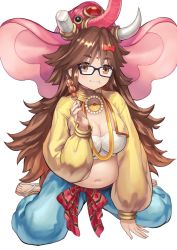 Rule 34 | 1girl, bad id, bad pixiv id, bindi, blue pants, bow, breasts, brown eyes, brown hair, cleavage, closed mouth, fate/grand order, fate (series), food, food on face, full body, ganesha (fate), glasses, jewelry, jinako carigiri, large breasts, long hair, looking at viewer, maekawa yuichi, midriff, navel, necklace, pants, plump, sandals, simple background, sitting, smile, solo, striped, striped bow, waist bow, wariza, white background