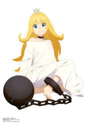 Rule 34 | 1girl, absurdres, artist request, ball and chain restraint, barefoot, black choker, blonde hair, blue eyes, choker, crown, dress, feet, female focus, full body, highres, hime-sama &quot;goumon&quot; no jikan desu, hime (himesama goumon), long hair, looking at viewer, magazine scan, megami magazine, official art, scan, simple background, smile, solo, toenails, toes, white background, white dress