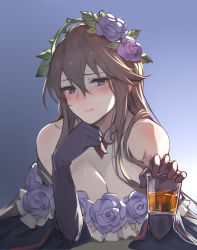 Rule 34 | 1girl, annoyed, backlighting, bare shoulders, blush, breasts, brown hair, cleavage, clenched teeth, commentary request, empty eyes, flower, glass, gloves, granblue fantasy, hair between eyes, half-closed eyes, highres, kakage, large breasts, light, long hair, looking at viewer, looking to the side, playing with own hair, purple eyes, purple flower, purple gloves, purple rose, rose, rosetta (granblue fantasy), solo, teeth, very long hair, wide sleeves