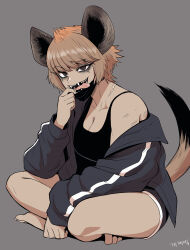 Rule 34 | 1girl, absurdres, animal ears, bags under eyes, barefoot, black shirt, breasts, brown eyes, brown hair, cleavage, collarbone, fangs, full body, gegegekman, grey background, highres, hyena ears, hyena girl, hyena tail, indian style, jacket, jacket partially removed, large breasts, looking at viewer, mask, mouth mask, original, saliva, scar, scar on neck, sharp teeth, shirt, shorts, signature, single bare shoulder, sitting, solo, tank top, teeth, tongue, tongue out