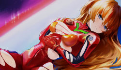 Rule 34 | 1girl, adjusting clothes, artist request, blue eyes, blush, breasts, brown hair, cleavage, evangelion: 3.0+1.0 thrice upon a time, gloves, hair down, hand on own chest, highres, long hair, lying, medium breasts, neon genesis evangelion, night, night sky, plugsuit, rebuild of evangelion, shiny clothes, simple background, sky, solo, souryuu asuka langley, torn clothes, tsundere, very long hair, wide hips