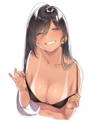 Rule 34 | 1girl, bikini, bikini tan, black bikini, black hair, breasts, cleavage, collarbone, commentary request, cropped torso, grin, hair between eyes, half-closed eyes, hands up, highres, large breasts, long hair, looking at viewer, mole, mole on breast, navel, original, parted lips, purple eyes, rinku (rin9), simple background, smile, solo, swept bangs, swimsuit, tan, tanline, upper body, white background