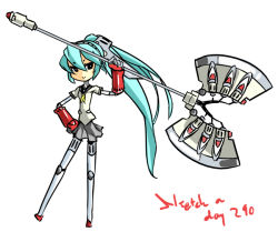 Rule 34 | 1girl, :&gt;, android, aqua hair, atlus, axe, battle axe, chibi, eu03, hand on own hip, hip focus, huge weapon, joints, labrys (persona), long hair, persona, persona 4: the ultimate in mayonaka arena, pleated skirt, ponytail, robot joints, school uniform, serafuku, skirt, solo, very long hair, weapon
