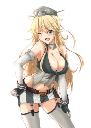 Rule 34 | 10s, 1girl, ;d, absurdres, blonde hair, blue eyes, blush, breasts, cleavage, collarbone, contrapposto, cowboy shot, fingerless gloves, front-tie top, garter straps, gloves, hand on own hip, headgear, highres, iowa (kancolle), ippachi, kantai collection, large breasts, leaning forward, long hair, looking at viewer, miniskirt, navel, one eye closed, open mouth, simple background, skirt, smile, solo, standing, star-shaped pupils, star (symbol), symbol-shaped pupils, thighhighs, white background, white thighhighs
