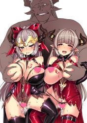 Rule 34 | 1boy, 2girls, alicia (granblue fantasy), aliza (granblue fantasy), blush, bow, grabbing another&#039;s breast, breast tattoo, breasts, censored, clothing cutout, cum, draph, dress, earrings, gem, grabbing, granblue fantasy, groping, hair pulled back, heart, heart-shaped pupils, heart censor, heart cutout, heart earrings, heart tattoo, highres, horns, jewel, jewelry, large breasts, long hair, manly, mother and daughter, multiple girls, navel, open mouth, panties, pointy ears, ponytail, pubic tattoo, pussy juice, red eyes, saliva, satou kuuki, silver hair, sweat, symbol-shaped pupils, tattoo, thighhighs, underwear