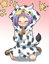 Rule 34 | 00s, 1girl, animal costume, animal print, bell, blush, cow costume, cow print, cow tail, closed eyes, hiiragi tsukasa, horns, kneeling, lucky star, non-web source, purple hair, short hair, solo, tail