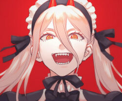 Rule 34 | 1girl, absurdres, alternate costume, alternate hairstyle, black bow, black bowtie, blonde hair, bow, bowtie, chainsaw man, commentary, cross-shaped pupils, enmaided, hair between eyes, highres, horns, koma neko, maid, maid headdress, open mouth, orange eyes, portrait, power (chainsaw man), red background, red horns, sharp teeth, smile, solo, symbol-shaped pupils, teeth, twintails