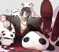Rule 34 | 1boy, alternate hairstyle, animal print, bear print, black hair, black pants, braid, chinese clothes, closed mouth, commentary, e (h798602056), fate/grand order, fate (series), green eyes, hair between eyes, hand on own head, jacket, long hair, looking at viewer, lying, male focus, nail polish, official alternate costume, one eye closed, panda, panda print, pants, reclining, red nails, smile, solo, stuffed animal, stuffed toy, tangzhuang, teddy bear, very long hair, yan qing (fate), yan qing (traveling outfit) (fate)