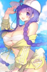 Rule 34 | 1girl, bad id, bad pixiv id, bare shoulders, baseball cap, bb (fate), bb (fate) (all), bb (swimsuit mooncancer) (fate), bb (swimsuit mooncancer) (first ascension) (fate), bikini, blurry, blurry background, blush, braid, breasts, cleavage, cloud, collarbone, commentary request, fate/grand order, fate (series), hat, highres, jacket, kirie nozomi, large breasts, long braid, long hair, looking at viewer, one eye closed, outdoors, purple eyes, purple hair, ribbon, sideways hat, skirt, smile, solo, star (symbol), swimsuit, very long hair, white bikini, yellow jacket, yellow ribbon, yellow skirt