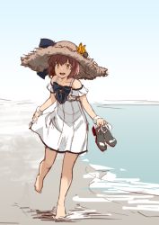 Rule 34 | 1girl, bad id, bad twitter id, barefoot, beach, blue sky, brown eyes, brown hair, cloud, commentary request, day, dress, full body, hat, kantai collection, official alternate costume, open mouth, outdoors, round teeth, sandals, unworn sandals, short hair, sky, solo, straw hat, sun hat, teeth, translation request, unfinished, upper teeth only, watanore, white dress, yukikaze (kancolle)