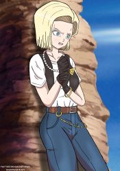 Rule 34 | 1girl, against wall, android 18, black gloves, black vest, blonde hair, blue eyes, denim, dragon ball, dragonball z, earrings, gloves, highres, holding wrist, jeans, jewelry, nashdnash2007, necklace, nervous, pants, pearl necklace, scared, shirt, sweat, vest, white shirt, worried