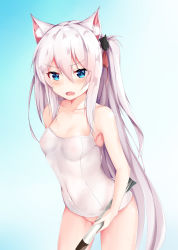 Rule 34 | 1girl, absurdres, animal ear fluff, animal ears, armpits, azur lane, blue eyes, blush, bottomless, breasts, cat ears, collarbone, commentary request, convenient censoring, covered erect nipples, fang, hair between eyes, hair ribbon, hammann (azur lane), highres, holding, holding torpedo, long hair, looking at viewer, nagato-chan, nipples, one-piece swimsuit, one side up, open mouth, ribbon, school swimsuit, see-through, sidelocks, simple background, skin fang, small breasts, solo, swimsuit, torpedo, very long hair, white hair, white one-piece swimsuit