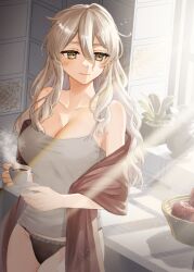 Rule 34 | 1girl, apple, basket, black panties, blush, breasts, brown eyes, camisole, cleavage, coffee cup, collarbone, cowboy shot, cup, day, disposable cup, food, fruit, grey camisole, grey hair, hair between eyes, highres, kantai collection, kitchen, large breasts, long hair, machi (ritovoyage), panties, plant, pola (kancolle), potted plant, shawl, smile, solo, sunlight, underwear, wavy hair, window