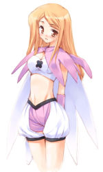 Rule 34 | 1girl, blonde hair, cowboy shot, elbow gloves, emblem, gloves, hoshizaki hikaru, long hair, looking at viewer, midriff, navel, original, pink gloves, puffy shorts, red eyes, shorts, simple background, solo, standing, stomach, white background