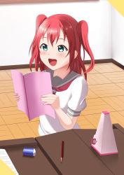Rule 34 | 1girl, absurdres, aqua eyes, artist name, artist request, blush, book, breasts, checkered floor, collarbone, eraser, female focus, folder, green eyes, grey sailor collar, hair between eyes, highres, holding, holding book, indoors, kurosawa ruby, long hair, looking at viewer, love live!, love live! sunshine!!, nail, nail polish, neckerchief, necktie, parted lips, pencil, pink nails, red hair, red neckerchief, sailor collar, school uniform, shirt, short hair, short sleeves, smile, solo, table, tie clip, twintails, two side up, upper body, uranohoshi school uniform, white shirt