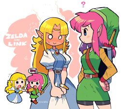 Rule 34 | 2girls, ?, absurdres, belt, blonde hair, blue dress, blue eyes, blush, blush stickers, boots, brown belt, character name, circlet, closed mouth, dress, earrings, embarrassed, empty eyes, flying sweatdrops, full-face blush, green headwear, hand on own hip, hat, highres, holding, holding hands, holding sword, holding weapon, jewelry, link, link (shounen captain), long hair, multiple girls, nintendo, open mouth, pink hair, pointy ears, princess zelda, rariatto (ganguri), shield, shield on back, smile, sword, the legend of zelda, the legend of zelda: a link to the past, the legend of zelda: ocarina of time, weapon