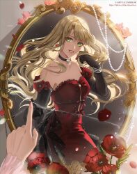 Rule 34 | 1girl, artist name, black gloves, blonde hair, choker, clip studio paint (medium), dress, earrings, elbow gloves, english text, fairytalemirror, flower, gloves, green eyes, hand in own hair, highres, jewelry, long hair, looking at viewer, mirror, open mouth, original, red dress, red flower, reflection, smile, watermark, web address