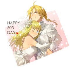 Rule 34 | 1boy, 1girl, ;), ahoge, blonde hair, blue eyes, bridal veil, couple, dress, earrings, edward elric, elbow gloves, flower, formal, fullmetal alchemist, gloves, hand on another&#039;s shoulder, hands on another&#039;s hips, heart, hetero, hug, jewelry, looking at viewer, one eye closed, pearl earrings, petals, pink background, ponytail, riru, rose, simple background, smile, suit, veil, wedding dress, white background, winry rockbell, yellow eyes