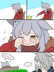 Rule 34 | ..., 1boy, 1girl, animal ear fluff, animal ears, arknights, bench, black jacket, brown scarf, closed mouth, comic, crying, crying with eyes open, doctor (arknights), english text, facial hair, fur-trimmed hood, fur trim, fur trimm, grey hair, guin guin, hood, hood down, hooded jacket, jacket, long hair, male doctor (arknights), motion blur, mustache, on bench, one eye closed, projekt red (arknights), red jacket, scarf, sitting, spoken ellipsis, tears, wolf ears, yellow eyes