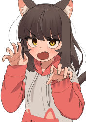Rule 34 | 1girl, animal ear fluff, animal ears, blush, brown hair, cat ears, cat tail, claw pose, commentary request, fang, hands up, highres, hood, hood down, hoodie, jitome, kemonomimi mode, korean commentary, long hair, long sleeves, looking at viewer, mole, mole under eye, nakta, open mouth, original, simple background, solo, tail, upper body, white background, yellow eyes