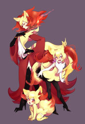 Rule 34 | 3girls, :d, :o, age difference, animal ear fluff, animal ears, black footwear, black gloves, black legwear, blonde hair, boots, braixen, creatures (company), delphox, dress, elbow gloves, evolutionary line, fang, fennekin, fox ears, fox girl, fox tail, full body, game freak, gen 6 pokemon, gloves, grey background, high heel boots, high heels, knee boots, long hair, multicolored hair, multiple girls, nintendo, open mouth, pantyhose, personification, pokemon, red eyes, red hair, rotte (nuuum), simple background, smile, tail, white gloves, wide sleeves, yellow dress, yellow legwear