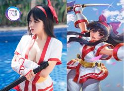 Rule 34 | 2girls, ainu clothes, asian, black hair, breasts, chinese (nationality), cosplay, cosplay request, crossed arms, long hair, medium breasts, multiple girls, nakoruru, nakoruru (cosplay), no bra, open clothes, photo (medium), pink lips, samurai spirits, smile, snk, sword, water, weapon