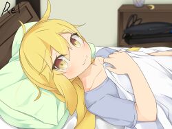 Rule 34 | 1girl, :3, ahoge, artist name, bed, bed sheet, blonde hair, commentary request, etsuransha no rei, grey shirt, hair down, highres, kantai collection, long hair, looking at viewer, lying, pillow, satsuki (kancolle), shelf, shirt, sleepwear, smile, solo, upper body, yellow eyes
