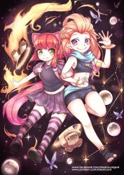 Rule 34 | 2girls, animal ears, annie (league of legends), backpack, bag, beancurd, bubble, bug, butterfly, cat ears, fire, full body, green eyes, hairband, insect, league of legends, locked arms, long hair, multicolored hair, multiple girls, red hair, scarf, short hair, smile, striped clothes, striped legwear, striped thighhighs, stuffed animal, stuffed toy, teddy bear, thighhighs, toeless legwear, toes, very long hair, watermark, web address, zoe (league of legends)