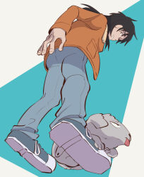 Rule 34 | 1boy, black eyes, black hair, blue background, blue pants, brown jacket, commentary request, dog, fingernails, from below, full body, grey footwear, highres, inudori, itou kaiji, jacket, kaiji, long hair, looking down, male focus, medium bangs, pants, parted lips, shoes, sneakers, solo