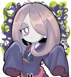 Rule 34 | 1girl, absurdres, black ribbon, bright pupils, closed mouth, commentary, expressionless, grizzace, hair over one eye, highres, light purple hair, little witch academia, long hair, looking at viewer, luna nova school uniform, mushroom, neck ribbon, pale skin, red eyes, ribbon, school uniform, sleeves past fingers, sleeves past wrists, solo, sucy manbavaran, upper body, white background, white pupils