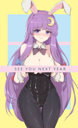 Rule 34 | 1girl, animal ears, armpit crease, bare shoulders, blush, breasts, cameltoe, cleavage, curvy, english text, highres, large breasts, leotard, long hair, looking at viewer, medium breasts, namiki (remiter00), patchouli knowledge, playboy bunny, purple eyes, purple hair, rabbit ears, smile, solo, thighhighs, touhou, very long hair, wide hips