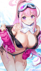 Rule 34 | 1girl, bikini, black bikini, blue archive, blush, breasts, closed mouth, commentary request, eimi (blue archive), eimi (swimsuit) (blue archive), fujima takuya, goggles, goggles on head, halo, highres, jacket, large breasts, long hair, looking at viewer, official alternate costume, pink hair, pink halo, pink jacket, ponytail, purple eyes, side-tie bikini bottom, skirt, smile, solo, swimsuit, thighs, twitter username, white skirt