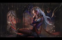 Rule 34 | 1girl, absurdres, bare shoulders, breasts, brown pantyhose, building, card, commentary, dark-skinned female, dark skin, detached sleeves, dress, english commentary, from side, gem, grey hair, hair ornament, highres, indoors, karma (league of legends), large breasts, league of legends, letterboxed, long hair, lor baa, pantyhose, parted lips, playing card, shiny skin