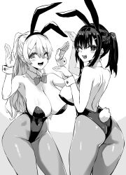 Rule 34 | 2girls, animal ears, arms up, asanagi, ass, bare shoulders, black hair, black leotard, blonde hair, bow, bowtie, breasts, fake animal ears, greyscale, highres, large breasts, leotard, long hair, looking at viewer, looking back, monochrome, multiple girls, one eye closed, open mouth, original, pantyhose, playboy bunny, pony (animal), rabbit ears, rabbit pose, rabbit tail, simple background, sketch, smile, strapless, strapless leotard, tail, white background, wrist cuffs