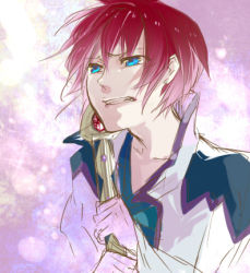 Rule 34 | 1boy, asbel lhant, bad id, bad pixiv id, blue eyes, gradient background, lowres, male focus, red hair, samu taroo, solo, tales of (series), tales of graces, upper body, white background