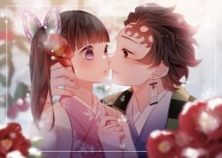 Rule 34 | 1boy, 1girl, blunt bangs, blurry, blush, brown hair, butterfly hair ornament, camellia, checkered haori, commentary request, earrings, eyebrows hidden by hair, flower, framed, hair flower, hair ornament, hand up, highres, japanese clothes, jewelry, kamado tanjirou, kimetsu no yaiba, kimono, long hair, looking at another, parted lips, purple eyes, red eyes, scar, scar on face, scar on forehead, side ponytail, signature, tsuyuri kanao, violet viora