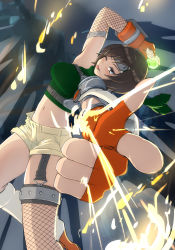 Rule 34 | 1girl, aiming, aiming at viewer, armor, blush, breasts, brown eyes, brown hair, brown shorts, close-up, commentary, cropped sweater, final fantasy, final fantasy vii, finger gun, fishnet legwear, fishnets, foot up, forehead protector, foreshortening, gloves, green sweater, hand up, headband, highres, holding, looking at viewer, materia, medium breasts, midriff, navel, ninja, one eye closed, orange gloves, pauldrons, pointing, ribbed sweater, short hair, short shorts, shorts, shoulder armor, single bare shoulder, single pauldron, sleeveless, sleeveless sweater, sleeveless turtleneck, solo, square enix, sweater, tongue, tongue out, turtleneck, turtleneck sweater, unbuttoned, yuffie kisaragi, zeke (dhzu2422)