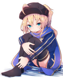Rule 34 | 1girl, ahoge, artoria pendragon (all), artoria pendragon (fate), baseball cap, beni shake, black thighhighs, blonde hair, blue scarf, fate (series), hair between eyes, hat, jacket, legs together, long hair, mysterious heroine x (fate), open clothes, open jacket, parted lips, ponytail, rojiura satsuki : chapter heroine sanctuary, saber (fate), scarf, simple background, sitting, solo, thighhighs, thighs, track jacket, white background