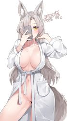 Rule 34 | 1girl, animal ears, blush, breasts, cellphone, chukibabo2, collarbone, commission, contrapposto, cowboy shot, eun soyeon (lustyfox), eyelashes, female pubic hair, fox ears, fox girl, fox tail, grey hair, highres, holding, holding phone, large breasts, long hair, looking at viewer, mole, mole on breast, mole on thigh, mole under eye, navel, open clothes, open robe, original, parted bangs, phone, pubic hair, robe, sash, selfie, simple background, smartphone, smile, solo, tail, taking picture, very long hair, white background, white robe, yellow eyes