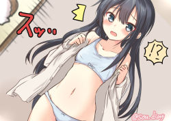 Rule 34 | !?, 1girl, asashio (kancolle), black hair, blouse, blue eyes, blue panties, blush, buttons, collarbone, commentary request, hair between eyes, kantai collection, long hair, long sleeves, open clothes, open mouth, open shirt, panties, shirt, solo, sou (soutennkouchi), twitter username, underwear, white shirt