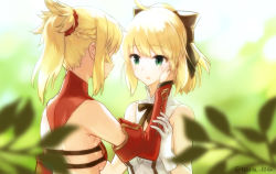 Rule 34 | 2girls, artoria pendragon (all), artoria pendragon (fate), black bow, blonde hair, bow, bra, breasts, choker, detached sleeves, fate (series), gloves, green eyes, hair bow, hair ornament, hair scrunchie, hand on another&#039;s cheek, hand on another&#039;s face, high ponytail, long sleeves, mordred (fate), mordred (fate/apocrypha), multiple girls, open mouth, outdoors, red bra, red scrunchie, red sleeves, saber lily, scrunchie, shirt, short hair, sideboob, sleeveless, sleeveless shirt, small breasts, strapless, strapless bra, touru 10ru, twitter username, underwear, upper body, white gloves, white shirt