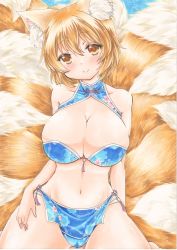 Rule 34 | 1girl, absurdres, animal ears, blonde hair, breasts, chinese clothes, cleavage, fox ears, fox tail, highres, large breasts, looking at viewer, multiple tails, navel, short hair, smile, solo, tail, touhou, traditional media, yakumo ran, yellow eyes, yuuki chima
