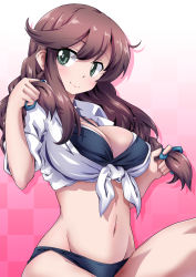 Rule 34 | 1girl, 547th sy, bikini, black bikini, braid, breasts, brown hair, checkered background, cleavage, commentary request, gradient background, green eyes, hair between eyes, highres, kantai collection, large breasts, long hair, long sleeves, looking at viewer, noshiro (kancolle), pink background, shirt, sitting, solo, swept bangs, swimsuit, tied shirt, twin braids, white background, white shirt