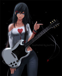 Rule 34 | 1girl, arrow (symbol), artist name, black background, black hair, blue eyes, collarbone, contrapposto, electric guitar, gibson sg, guitar, hair ornament, hairclip, heart, highres, instrument, jewelry, unworn jewelry, ku1ths, midriff, necklace, unworn necklace, off-shoulder shirt, off shoulder, original, shirt, solo, standing
