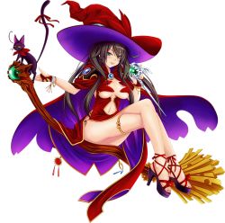 Rule 34 | 1girl, animal, ass, black hair, blue eyes, breasts, broom, cape, cat, cleavage, cleavage cutout, clothing cutout, despara (sennen sensou aigis), dress, feet, fingerless gloves, full body, gloves, hat, large breasts, large hat, legs, crossed legs, long hair, looking at viewer, nail polish, navel, red dress, sandals, sennen sensou aigis, sitting, smile, thighs, toes, transparent background, white background, witch hat