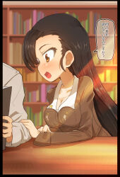 Rule 34 | 1boy, 1girl, arm garter, asymmetrical bangs, black border, black hair, book, bookshelf, border, breasts, brown eyes, brown jacket, chi-hatan military uniform, cleavage, commentary, dress shirt, girls und panzer, highres, holding, holding book, jacket, jinguu (4839ms), leaning forward, library, long hair, long sleeves, looking at another, medium breasts, military uniform, nishi kinuyo, open mouth, shirt, smile, star (symbol), straight hair, sunlight, table, translated, uniform, white shirt