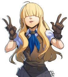 Rule 34 | 1girl, ahoge, blonde hair, blue neckwear, brown gloves, estyy, gloves, hair over eyes, league of legends, long hair, puffy sleeves, signature, simple background, smile, solo, tongue, tongue out, v, w, white background
